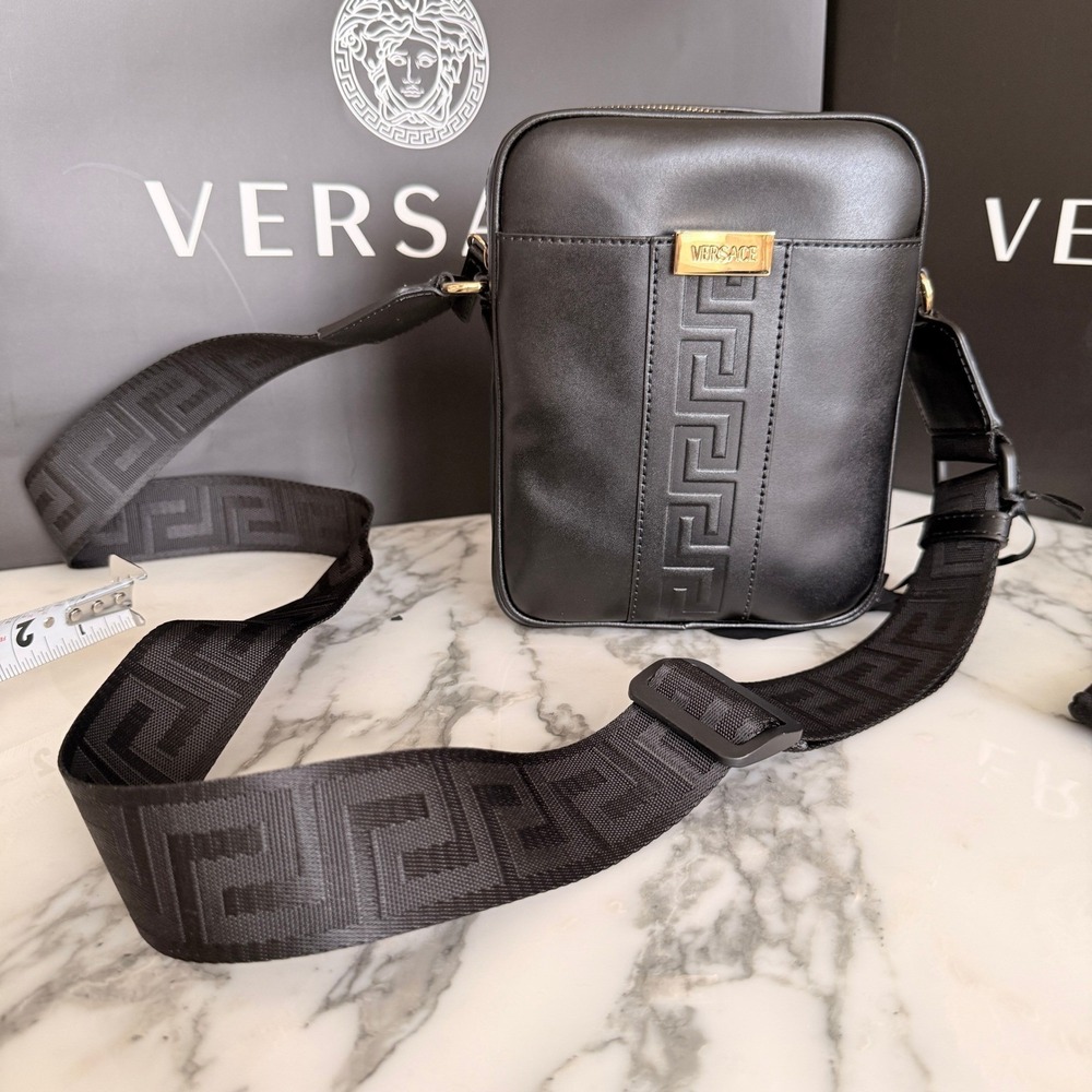 Versace 1020736‎ Black Leather Greca Crossbody Messenger Bag Gold Logo